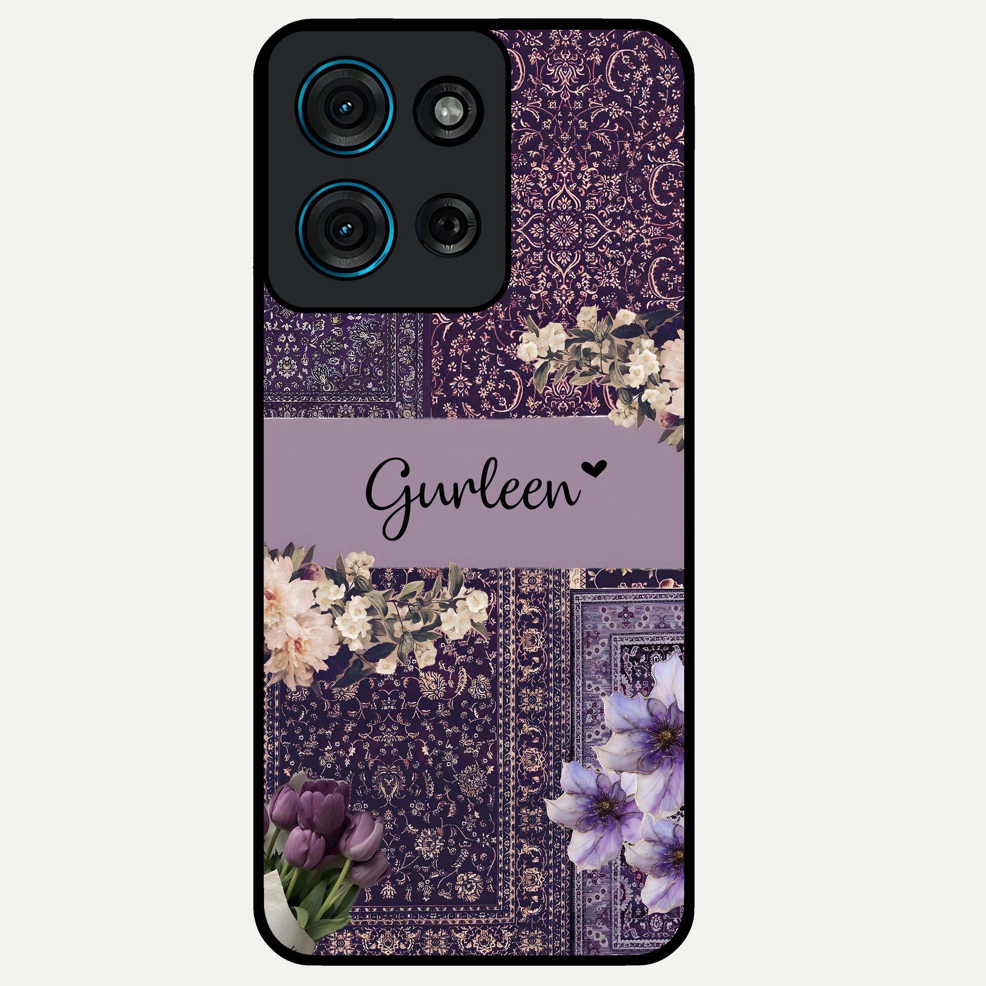 Antique Floral Whisper Custom Name Glass Case showing flat back view with vintage floral artwork and personalized name design.