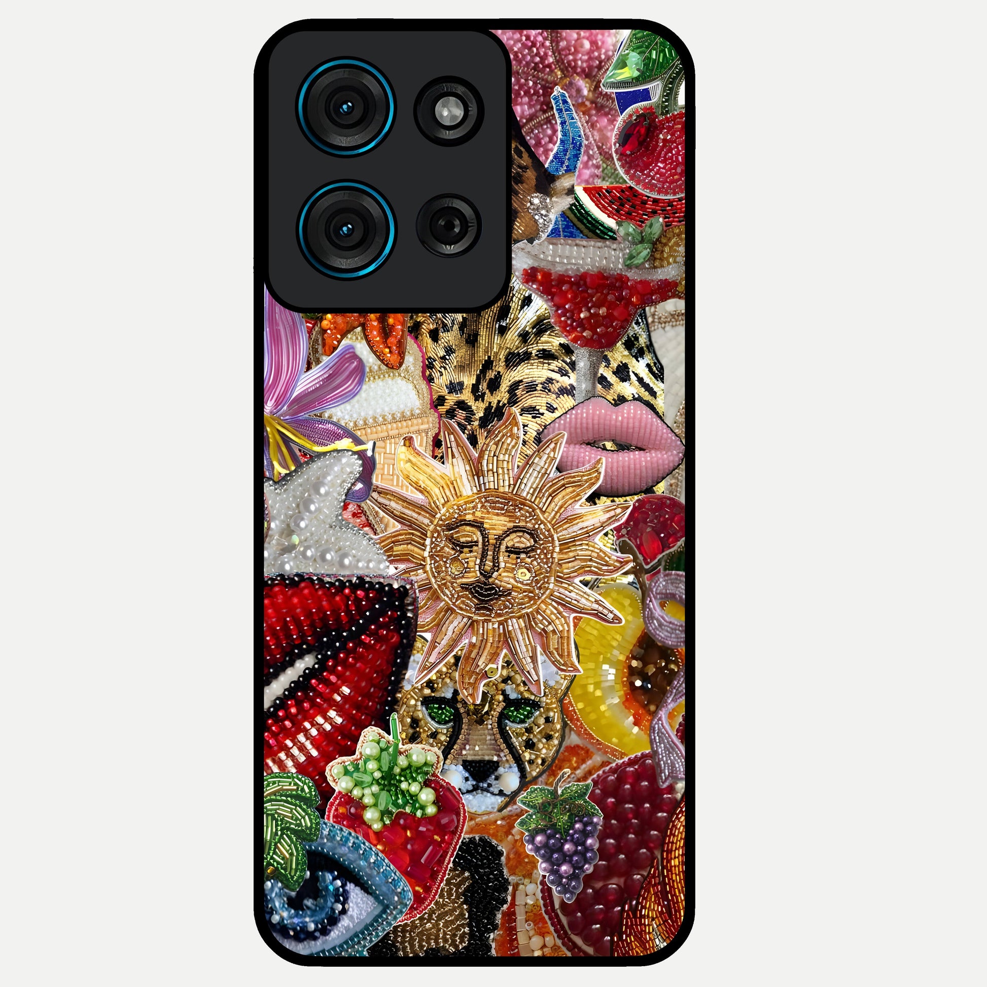 Beaded Fashion Jungle Glass Case showing flat back view with vibrant jungle inspired bead artwork and glossy glass finish.