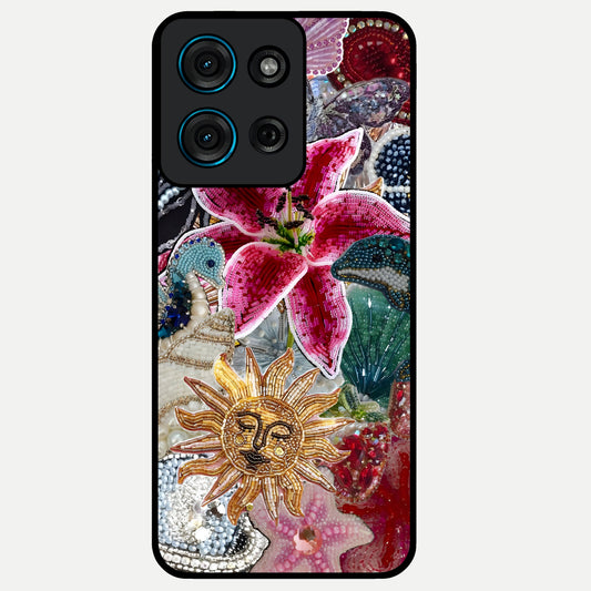 Beaded Garden Fantasy Glass Case showing flat back view with dreamy garden bead artwork and glossy glass finish.