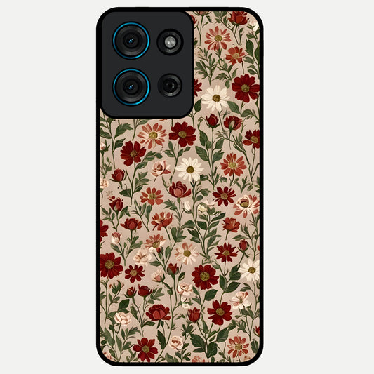 Biege Flower With Leaf Glass Case showing flat back view with soft beige floral artwork and glossy glass finish.