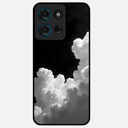 Black Background With White Cloud Glass Case showing flat back view with minimal cloud artwork on dark background and glossy glass finish.