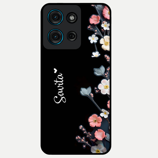 Black Elegance Floral Custom Name Glass Case showing flat back view with elegant floral artwork and personalized name design.