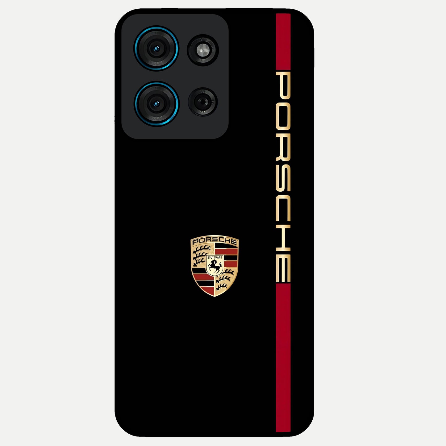 Black Minimal Porsche Glass Case showing flat back view with sleek minimal sports car artwork and glossy glass finish.