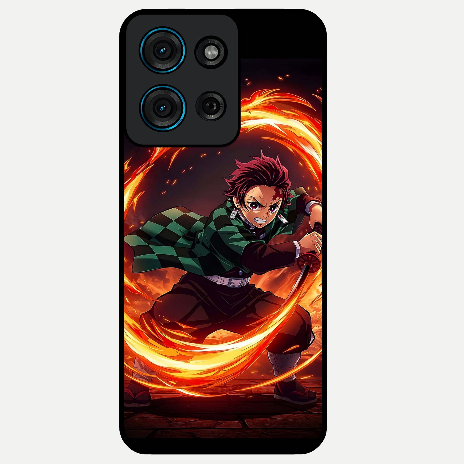 Blazing Sword Resolve Glass Case showing flat back view with fiery sword artwork and glossy glass finish.