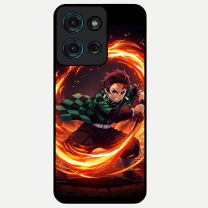 Blazing Sword Resolve Glass Case showing flat back view with fiery sword artwork and glossy glass finish.