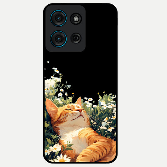 Blissful Bloom Cat Glass Case showing flat back view with cute cat and floral bloom artwork and glossy glass finish.