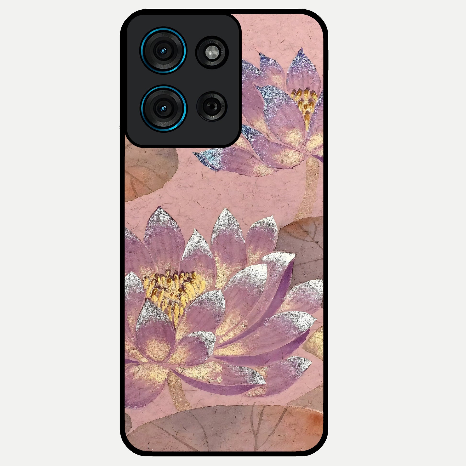 Blossom Mist Lotus Glass Case showing flat back view with serene lotus blossom artwork and glossy glass finish.