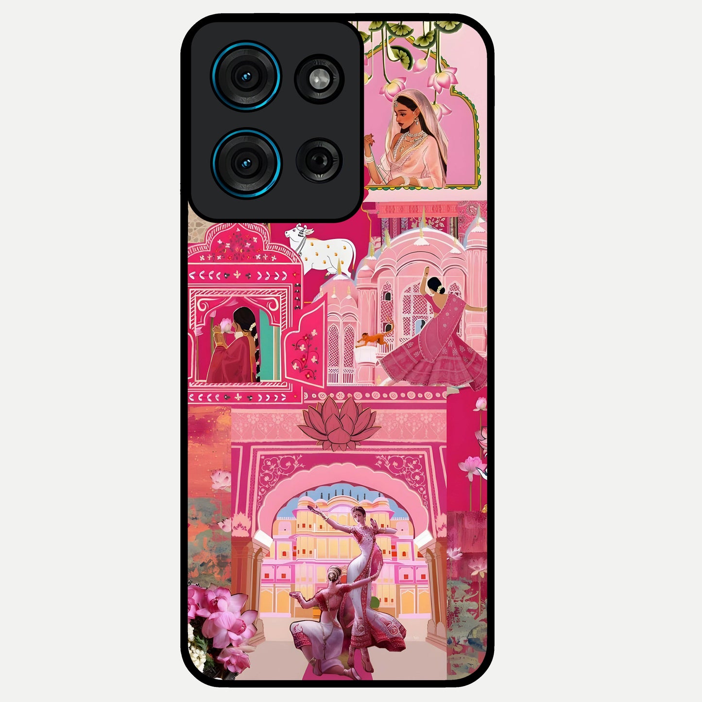 Blossoms of Rajasthan Glass Case showing flat back view with traditional floral artwork inspired by Rajasthan and glossy glass finish.