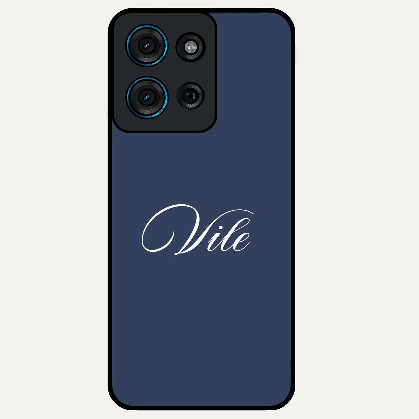 Blue Background Personalized Custom Name Glass Case showing flat back view with minimal blue background and custom name design.