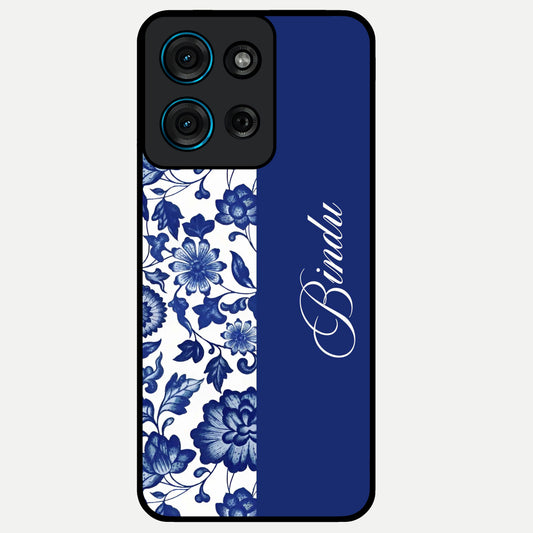 Blue Vintage Floral Pattern Glass Case upright view showcasing timeless floral illustration with vintage inspired style.