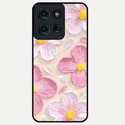 Blush Bloom Texture Glass Case showing flat back view with soft blush floral texture artwork and glossy glass finish.