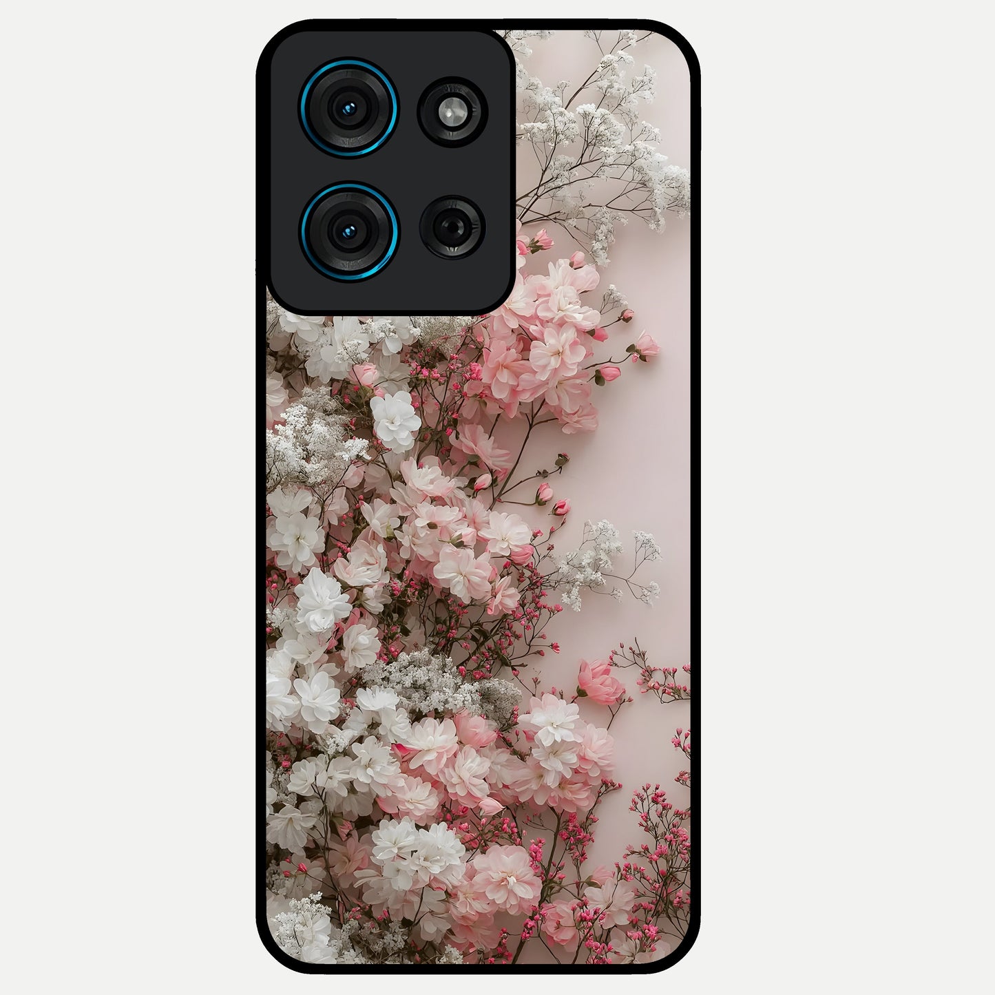 Blush Blossom Cloud Glass Case showing flat back view with dreamy blush cloud blossom artwork and glossy glass finish.