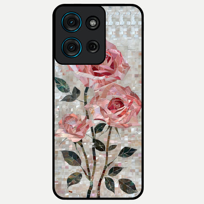 Blush Mosaic Bloom Glass Case showing flat back view with mosaic floral bloom artwork and glossy glass finish.