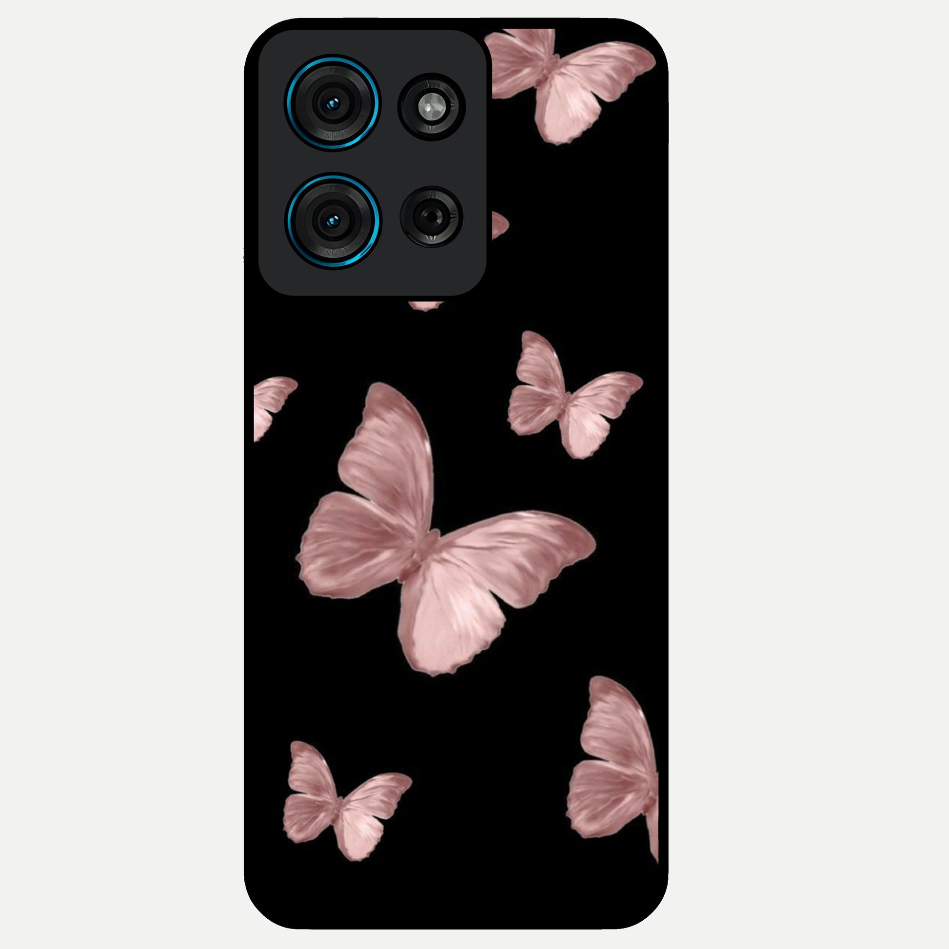 Butterfly Pattern Glass Case showing flat back view with elegant butterfly pattern artwork and glossy glass finish.