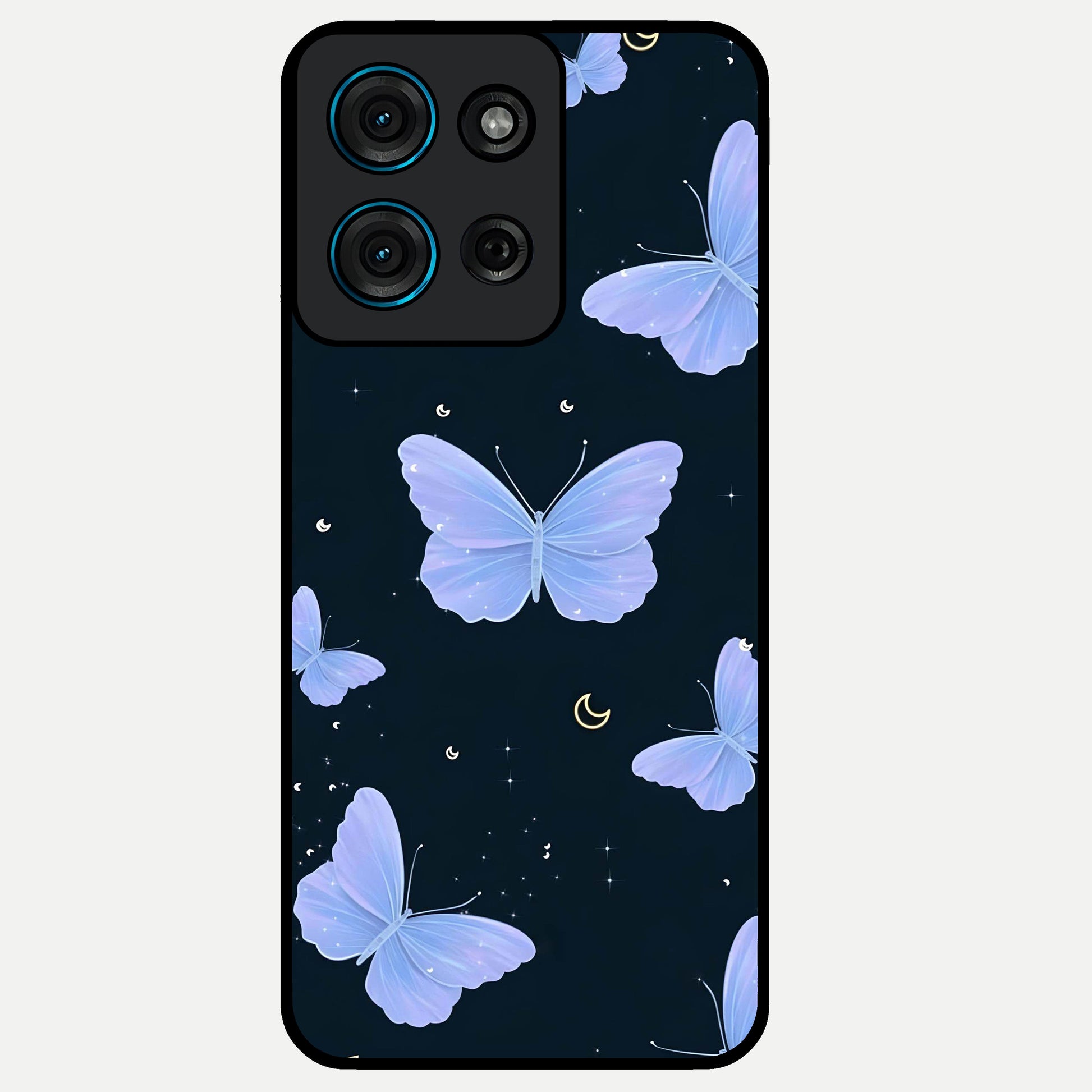 Butterfly With Stars Pattern Glass Case showing flat back view with butterfly and star pattern artwork and glossy glass finish.
