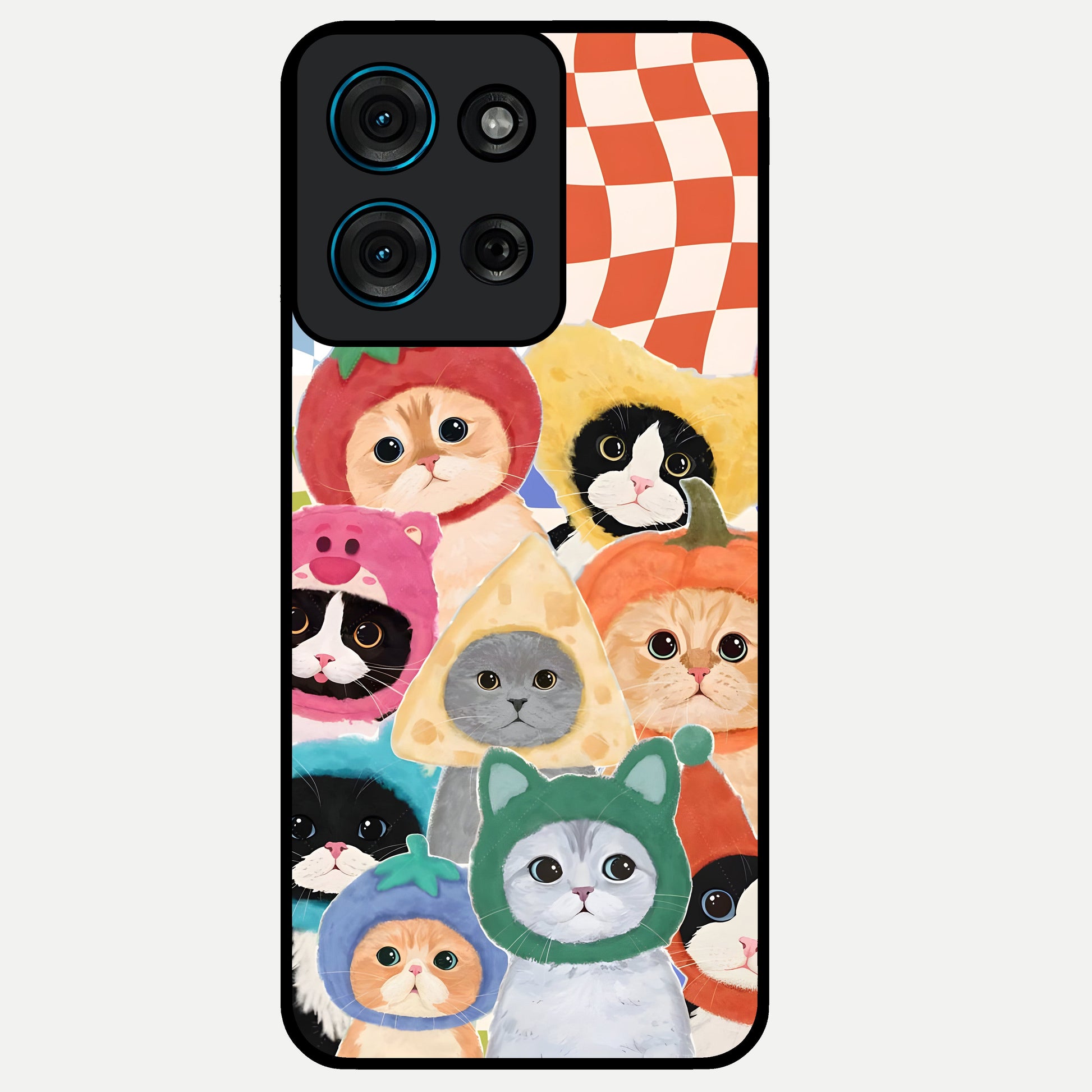 Cats in Fruits Glass Case showing flat back view with playful cat illustrations inside fruit artwork and glossy glass finish.