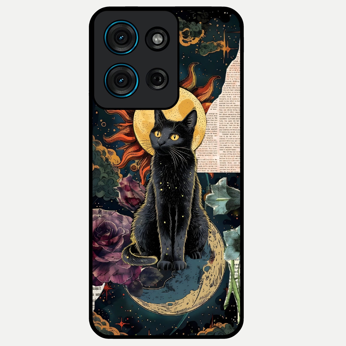 Celestial Black Cat Glass Case showing flat back view with mystical black cat artwork and glossy glass finish.