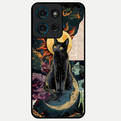 Celestial Black Cat Glass Case showing flat back view with mystical black cat artwork and glossy glass finish.