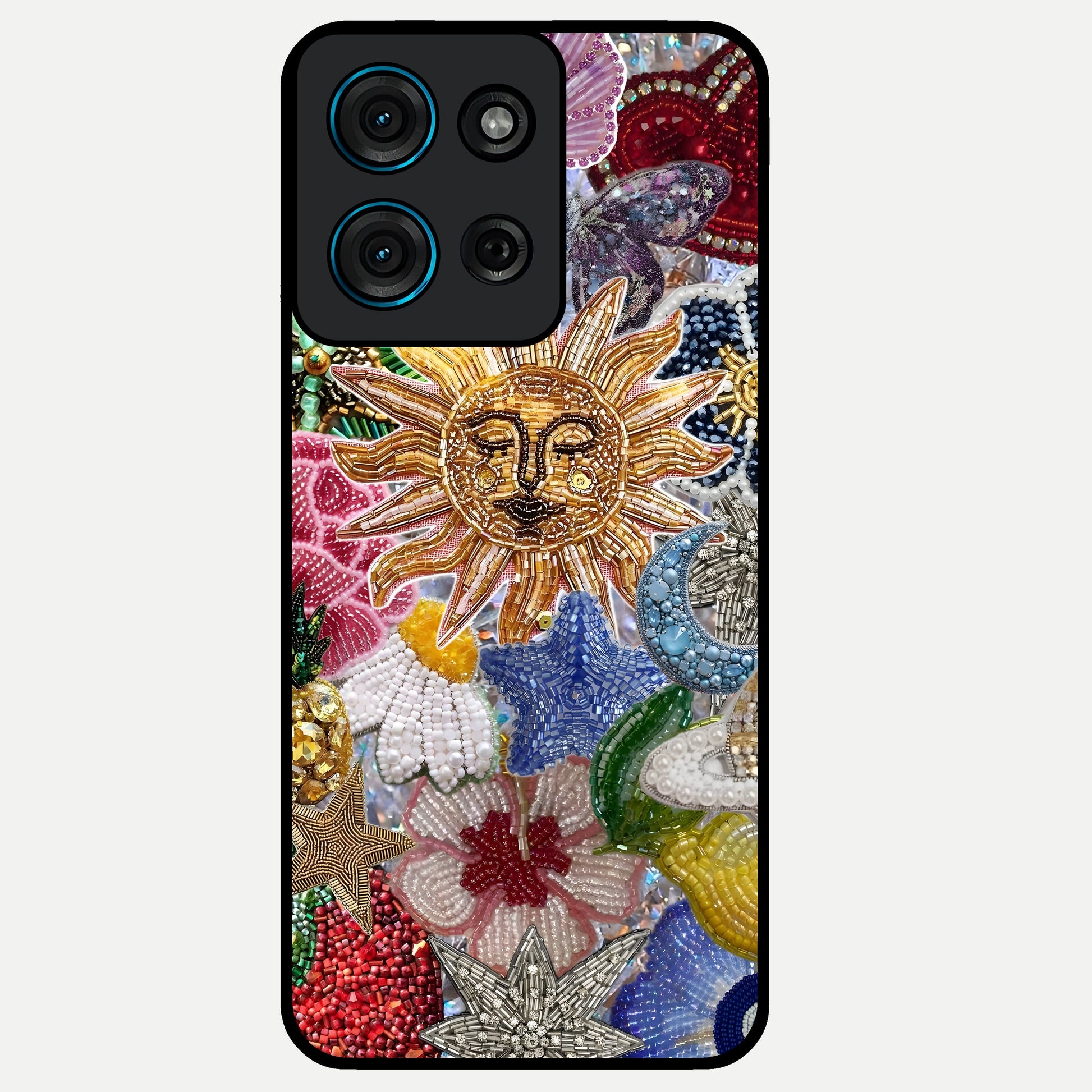 Celestial Floral and Playful Glass Case showing flat back view with floral and celestial themed artwork and glossy glass finish.