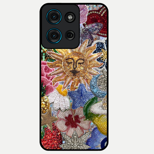Celestial Floral and Playful Glass Case showing flat back view with floral and celestial themed artwork and glossy glass finish.