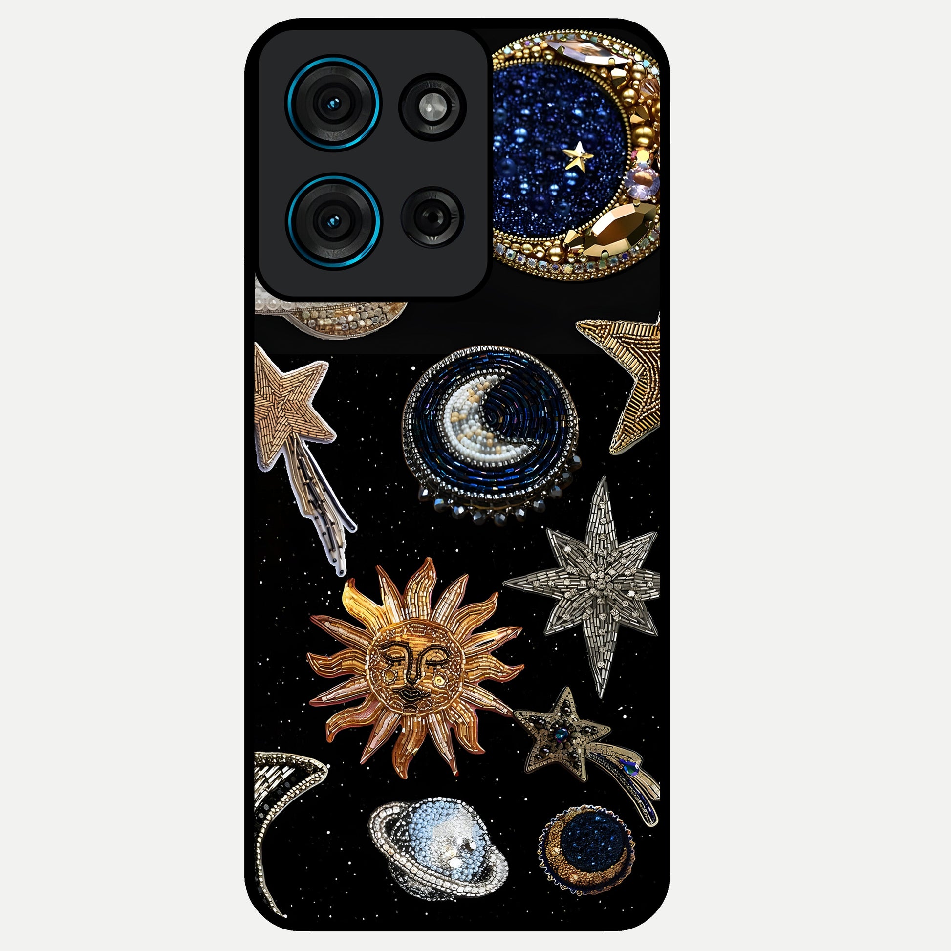 Celestial Gem Constellations Glass Case showing flat back view with sparkling constellation artwork and glossy glass finish.
