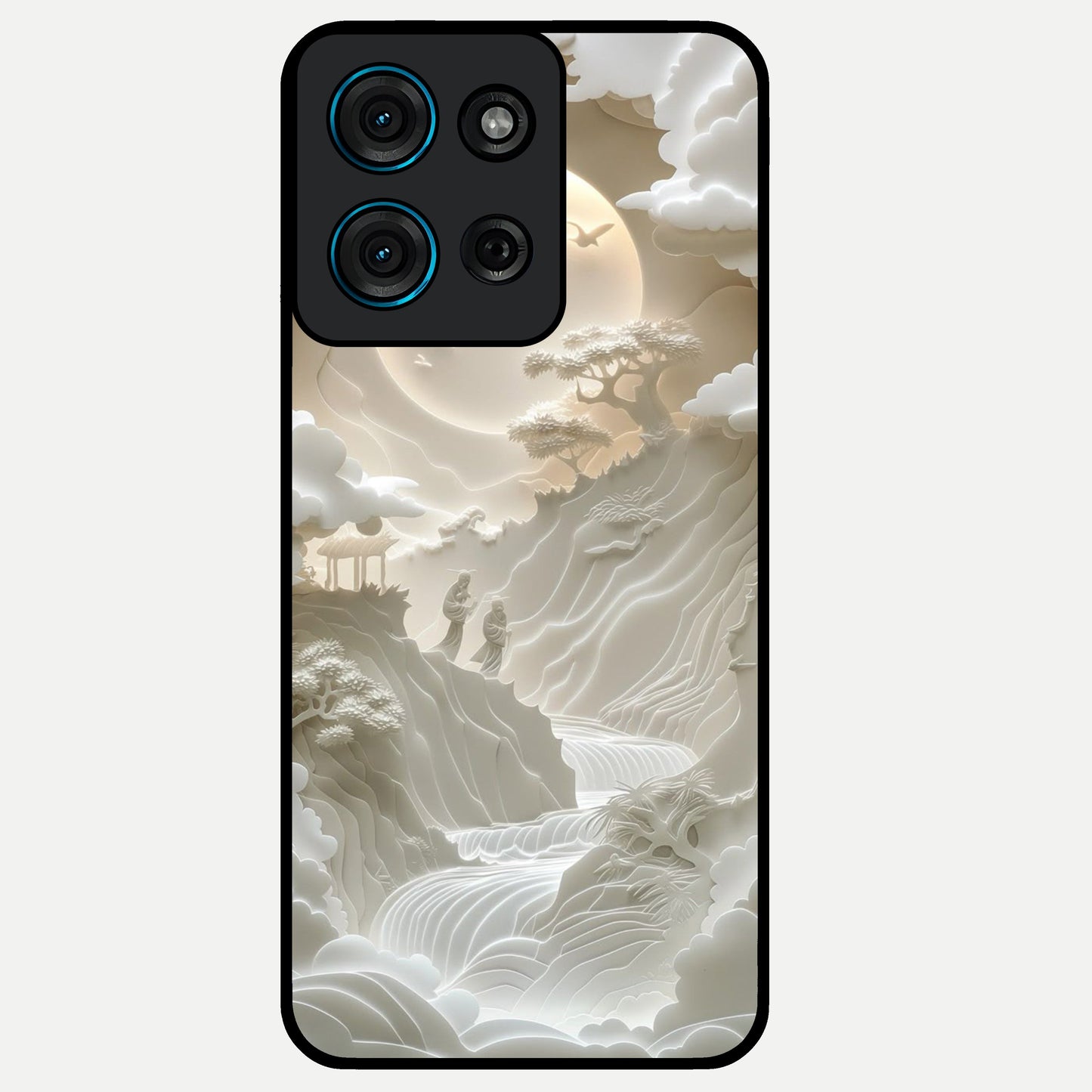 Celestial Origami Glass Case showing flat back view with artistic origami inspired celestial artwork and glossy glass finish.