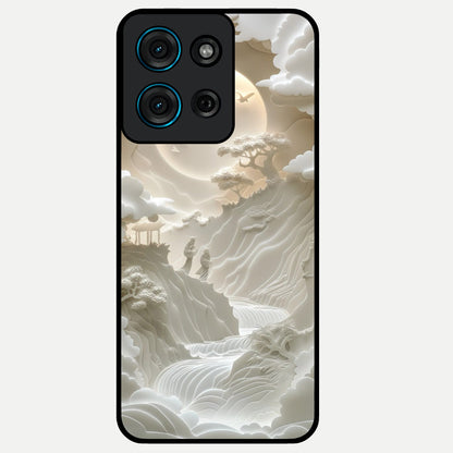 Celestial Origami Glass Case showing flat back view with artistic origami inspired celestial artwork and glossy glass finish.