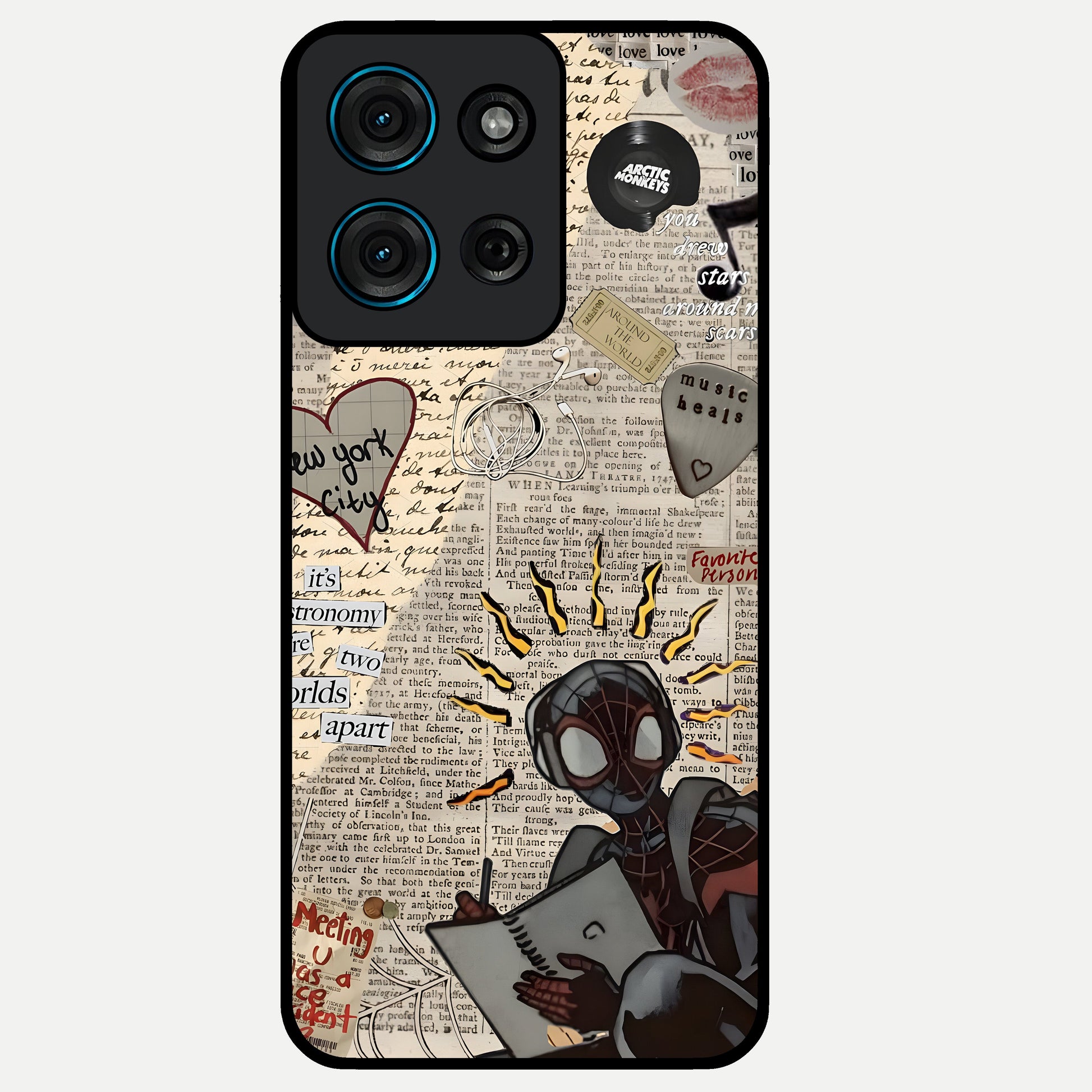 City Dream Sketch Glass Case showing flat back view with artistic city skyline sketch artwork and glossy glass finish.