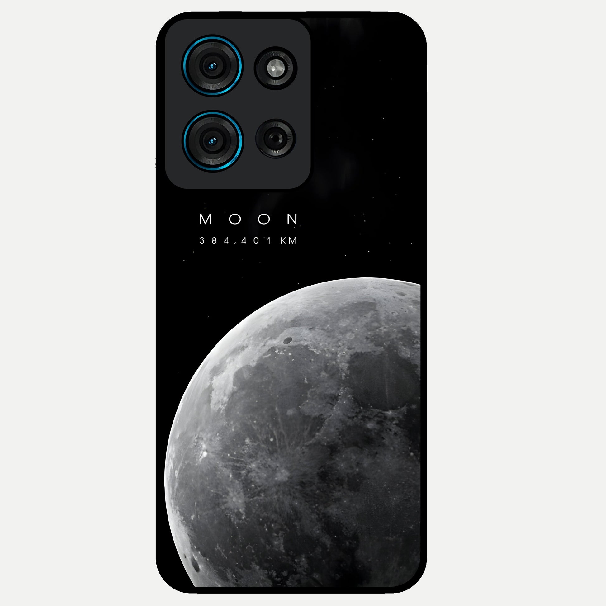 Cosmic Moon Glow Glass Case showing flat back view with glowing moon artwork and glossy glass finish.