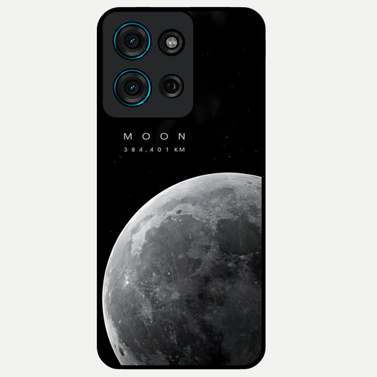 Cosmic Moon Glow Glass Case showing flat back view with glowing moon artwork and glossy glass finish.