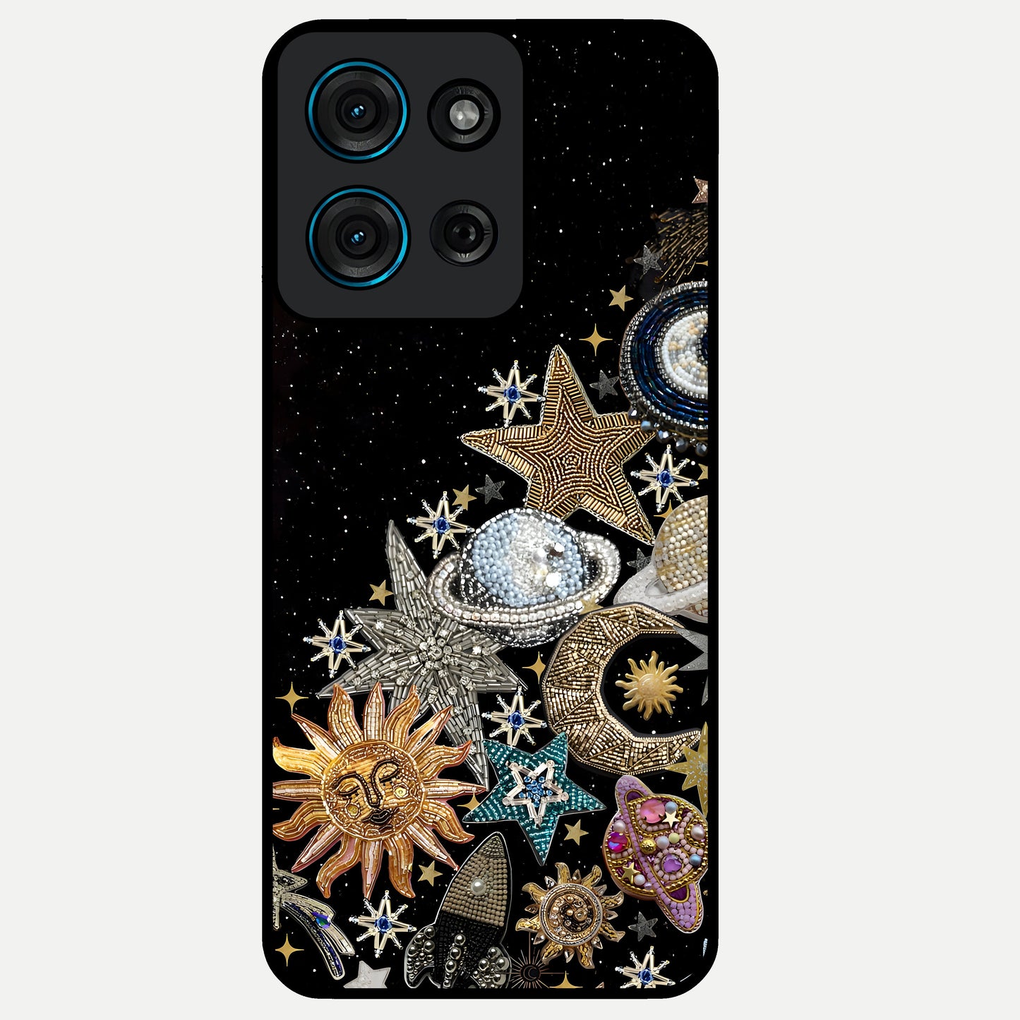 Cosmic Sparkle Dreams Glass Case showing flat back view with sparkling cosmic artwork and glossy glass finish.