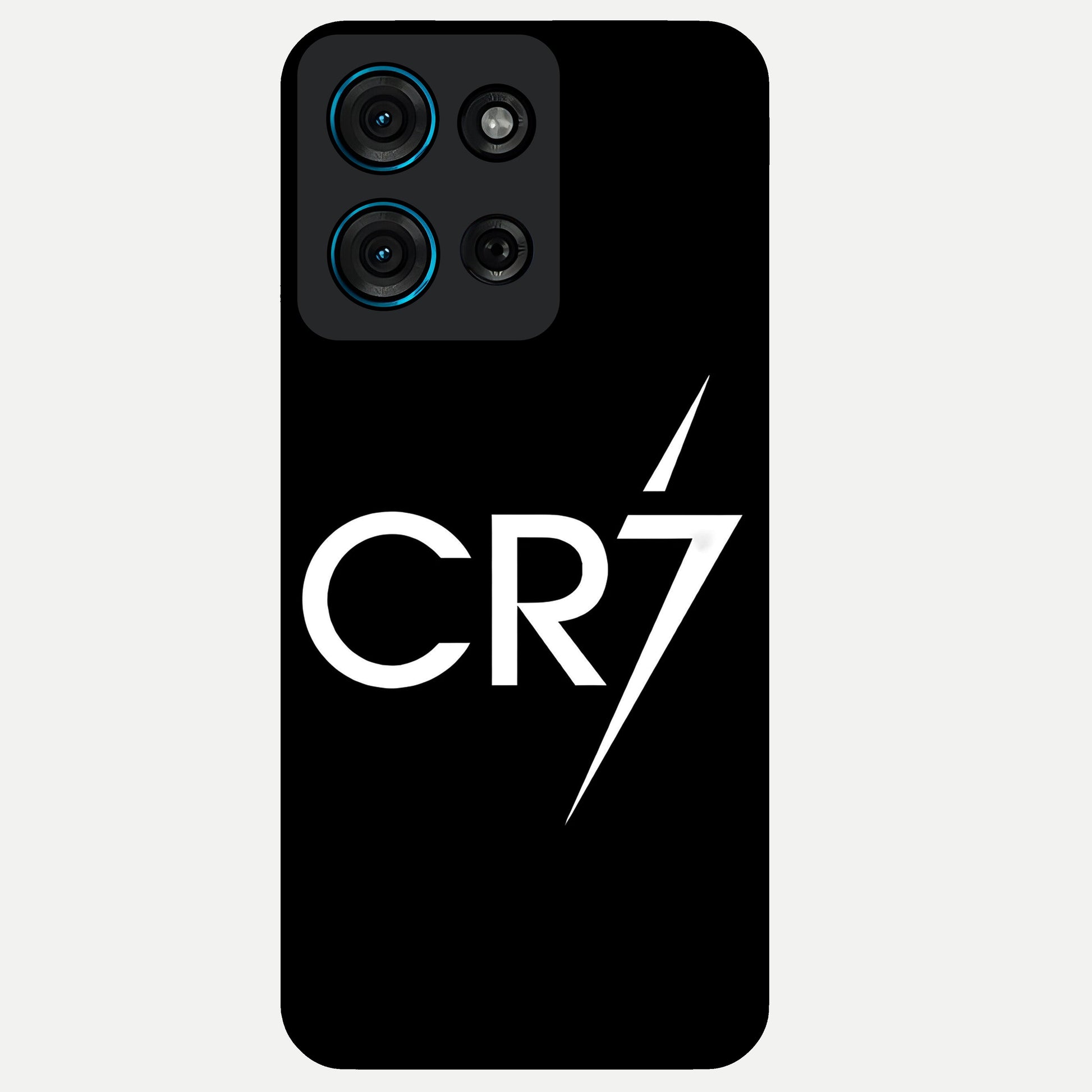 Cr7 Elite Strike Glass Case showing flat back view with dynamic football inspired artwork and glossy glass finish.