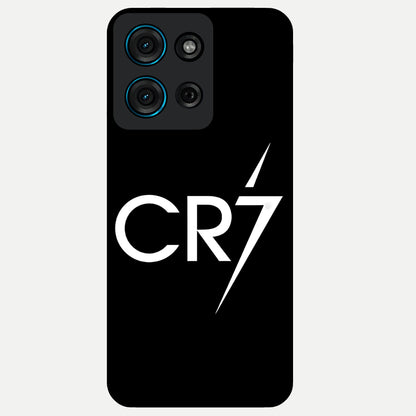 Cr7 Elite Strike Glass Case showing flat back view with dynamic football inspired artwork and glossy glass finish.