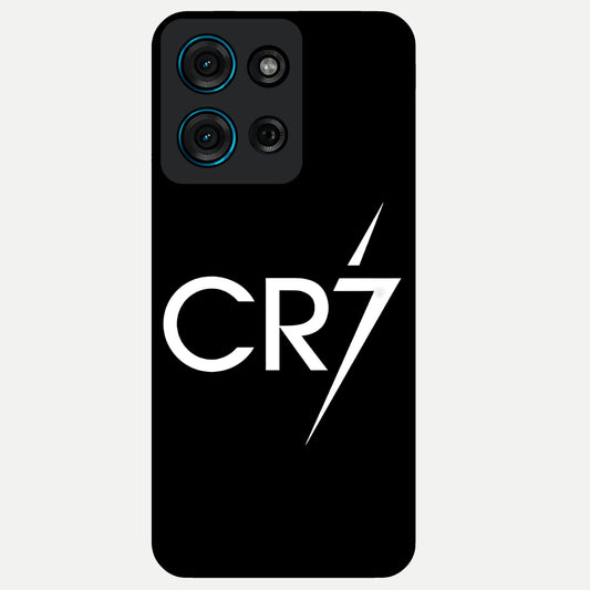 Cr7 Elite Strike Glass Case showing flat back view with dynamic football inspired artwork and glossy glass finish.