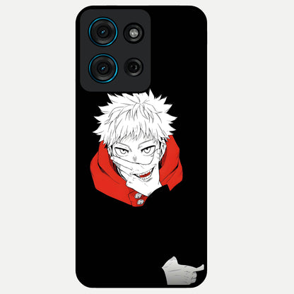 Crimson Chaos Smile Glass Case showing flat back view with bold chaotic smile artwork and glossy glass finish.