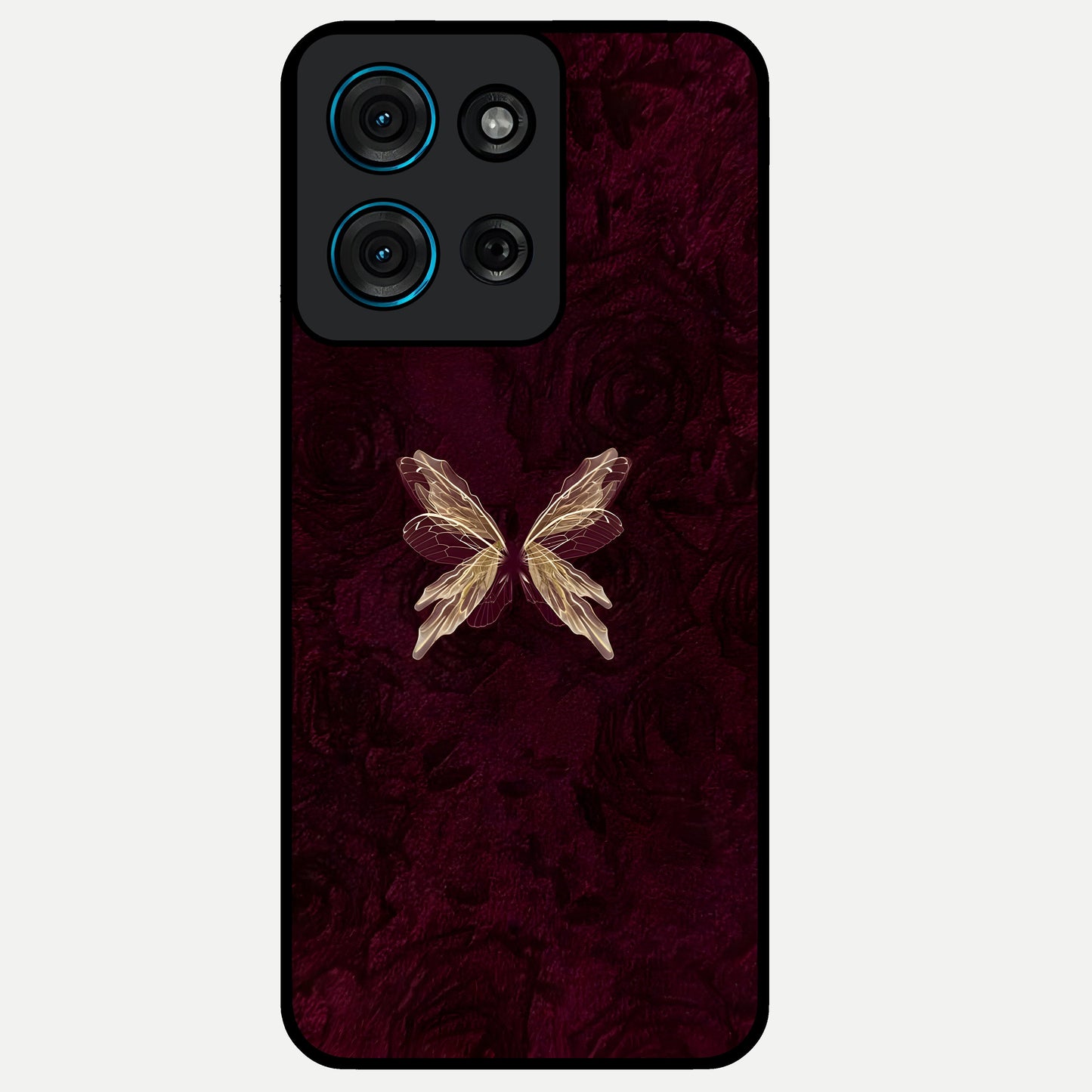Crimson Fade Butterfly Glass Case showing flat back view with fading butterfly artwork and glossy glass finish.