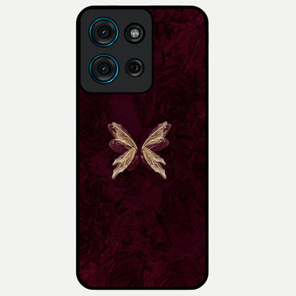 Crimson Fade Butterfly Glass Case showing flat back view with fading butterfly artwork and glossy glass finish.