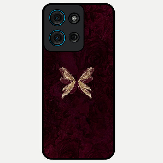 Crimson Fade Butterfly Glass Case showing flat back view with fading butterfly artwork and glossy glass finish.
