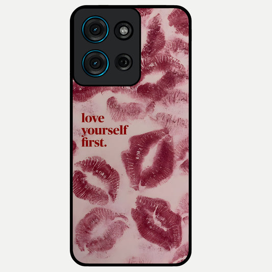 Crimson Kiss Love Glass Case showing flat back view with romantic crimson themed artwork and glossy glass finish.