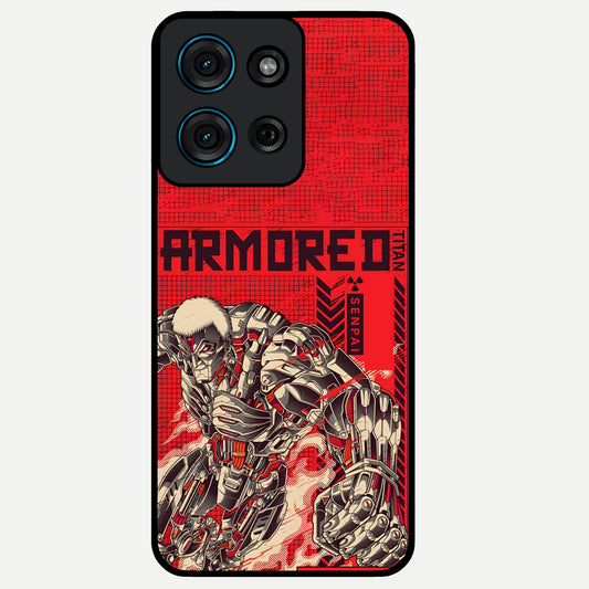 Crimson Mecha Titan Glass Case showing flat back view with powerful mech titan artwork and glossy glass finish.
