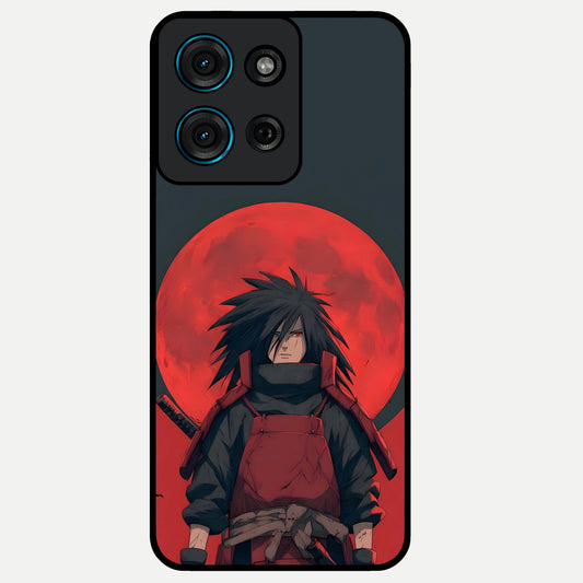 Crimson Moon Warlord Glass Case showing flat back view with mystical moon warrior artwork and glossy glass finish.