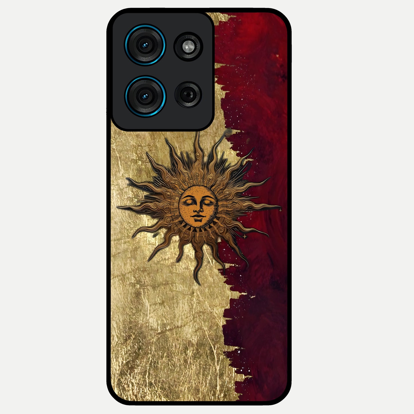 Crimson Sun Majesty Glass Case showing flat back view with radiant sun inspired artwork and glossy glass finish.