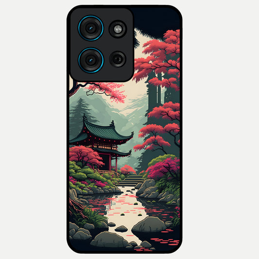 Crimson Temple View Glass Case showing flat back view with temple inspired artwork and glossy glass finish.