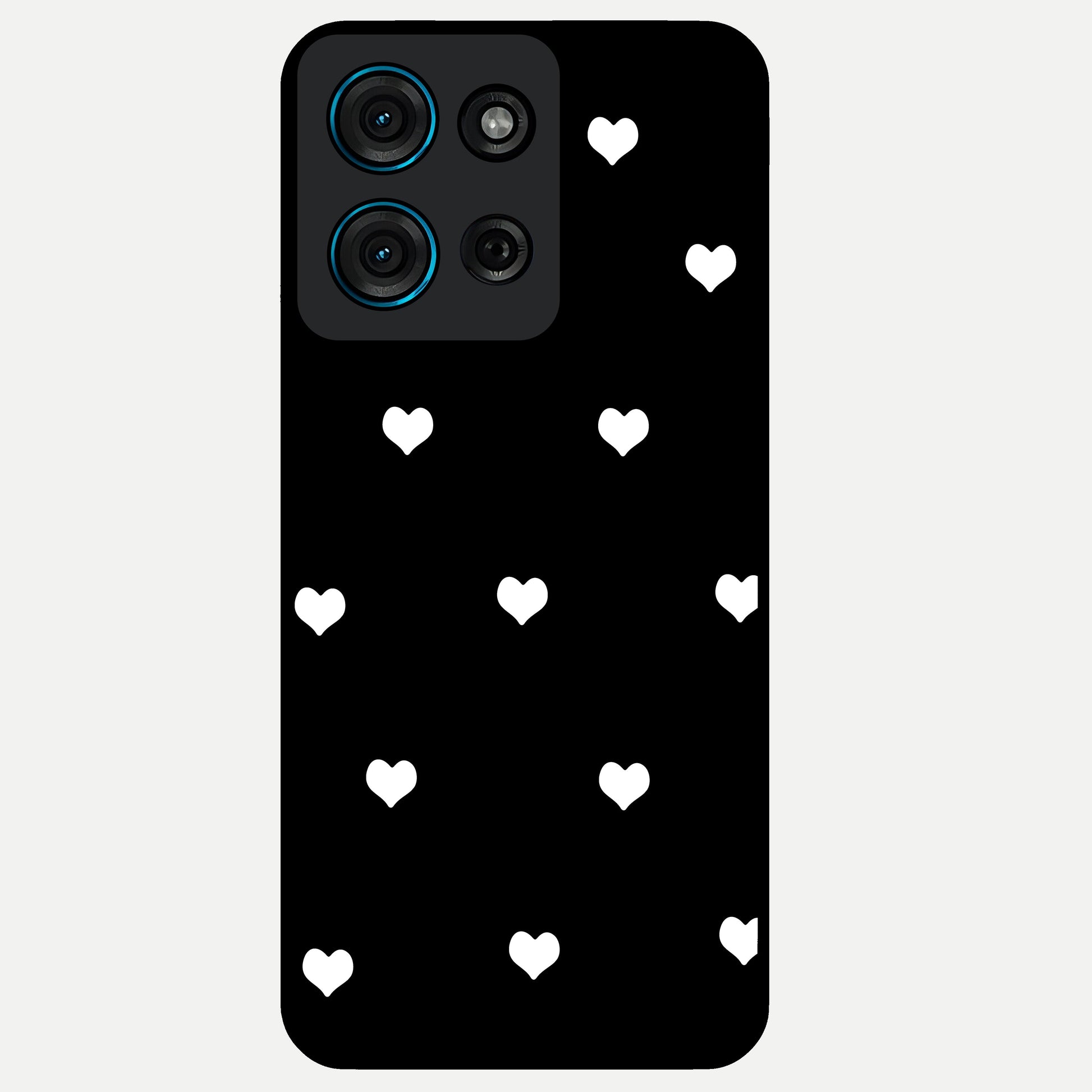 Cute And Simple White Hearts Glass Case showing flat back view with minimal white heart pattern and glossy glass finish.