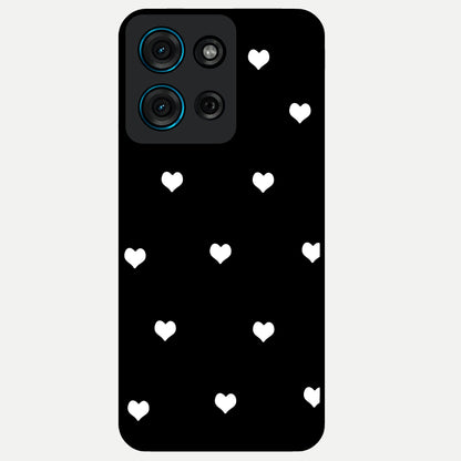 Cute And Simple White Hearts Glass Case showing flat back view with minimal white heart pattern and glossy glass finish.