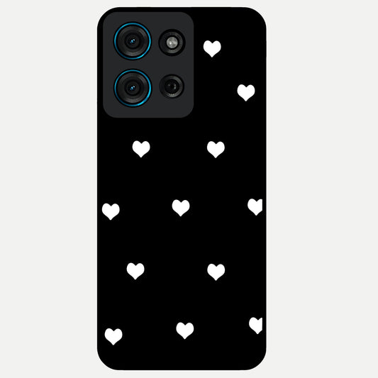 Cute And Simple White Hearts Glass Case showing flat back view with minimal white heart pattern and glossy glass finish.