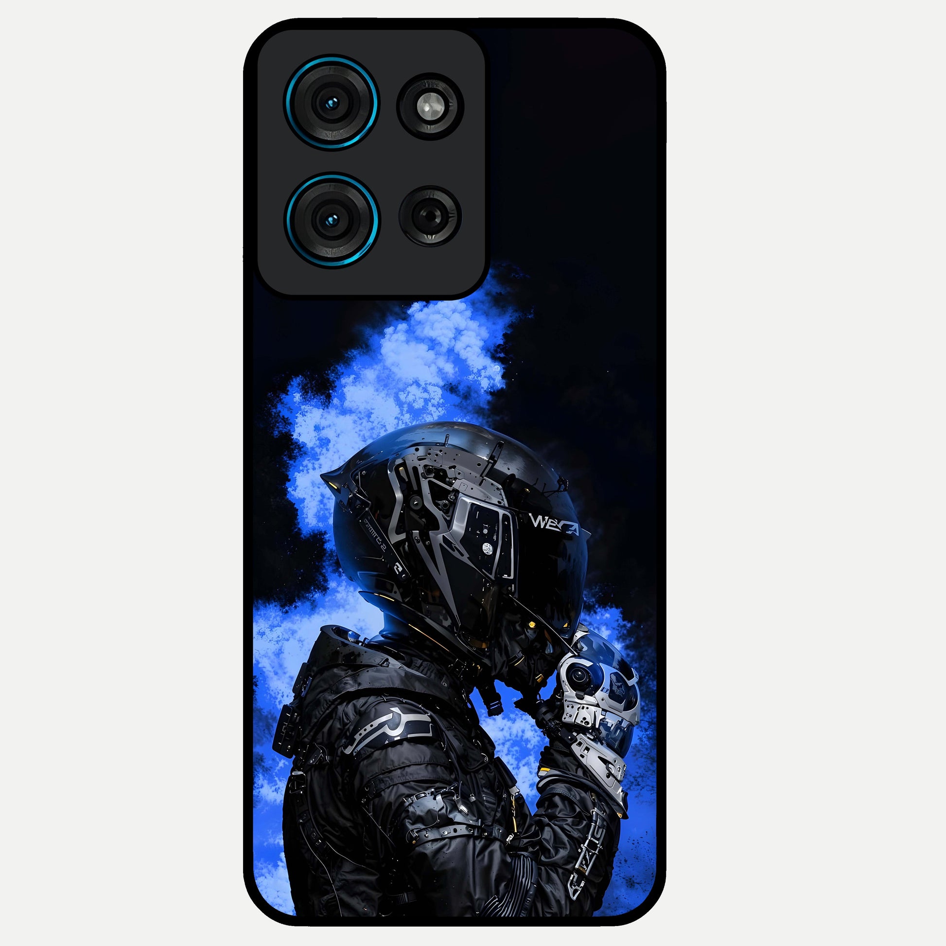 Cyber Sentinel Protocol Glass Case showing flat back view with futuristic cyber themed artwork and glossy glass finish.