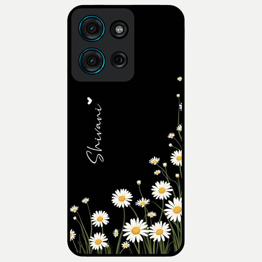 Daisy Cascade Custom Name Glass Case showing flat back view with cascading daisy flowers and personalized name design.