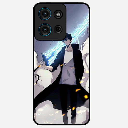 Dark Lightning Anime Warrior Glass Case showing flat back view with intense anime warrior artwork and glossy glass finish.