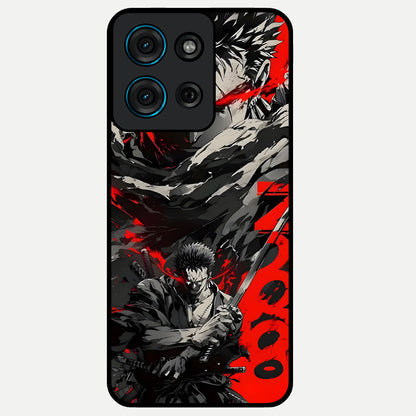 Demon Sword Resolve Glass Case showing flat back view with fierce sword warrior artwork and glossy glass finish.